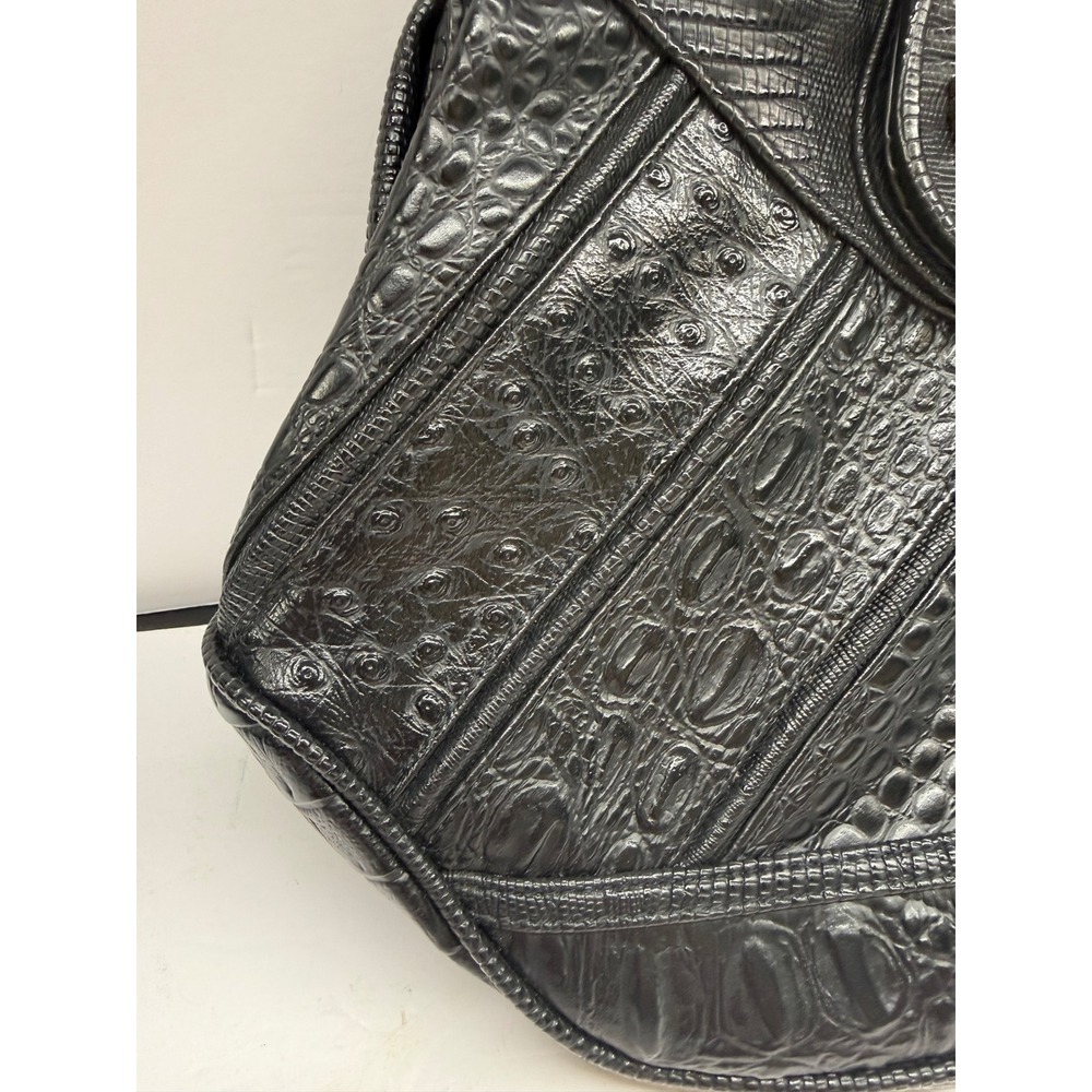Vintage Black Embossed Patchwork Handbag Crocodile Ostrich Lizard Top Handle Bag - Picture 5 of 15